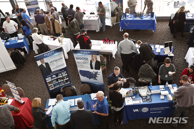 FILE - In this March 7, 2019, photo visitors to the Pittsburgh veterans job fair meet with recruiters at Heinz Field in Pittsburgh. On Friday, May 3, the U.S. government issues the April jobs report. (AP Photo/Keith Srakocic, File)