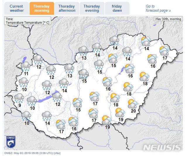 【서울=뉴시스】헝가리 기상청 OMSZ는 30일 오전 부다페스트를 비롯한 북부 지역에 시간당 20㎜가 넘는 폭우가 쏟아질 것으로 예상했다.(사진=헝가리 기상청 홈페이지 캡처) 2019.05.30.