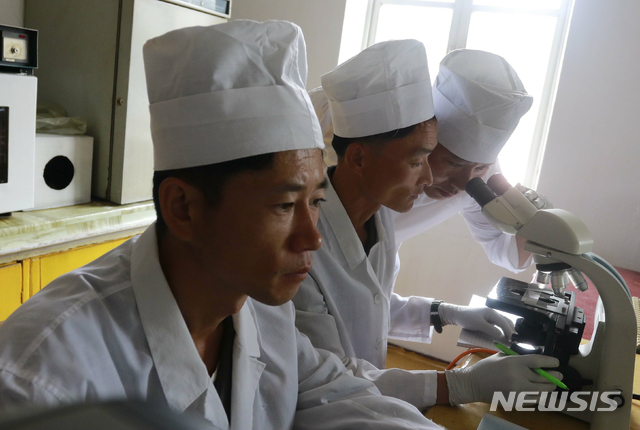 【평양=AP/뉴시스】10일 평양의 룡성구역 농업연구원 산하 수의학 연구소의 연구원들이 아프리카 돼지독감 시료 검사를 하고 있다. 북한은 중국과의 국경 인근 농장에서 아프리카돼지열병이 발생했다고 밝혔다. 2019.06.10.