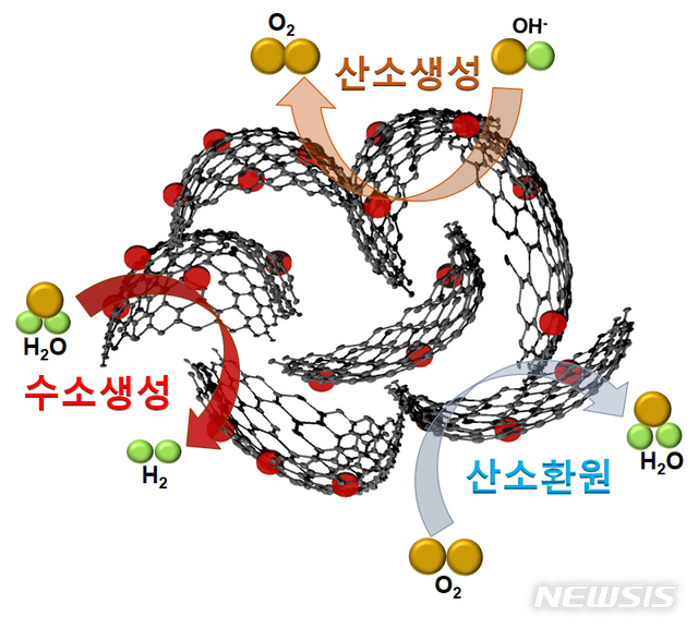 【울산=뉴시스】박수지 기자 = 울산대학교는 화학공학부 정진석·최원묵 교수팀이 탄소만으로 이루어진 그래핀 재료를 이용해 수소와 산소를 동시에 생산할 수 있는 다기능성 촉매를 개발했다고 19일 밝혔다. 사진은 개발된 다기능성 촉매의 구조. 2019.06.19. (사진=울산대학교 제공).  photo@newsis.com. 