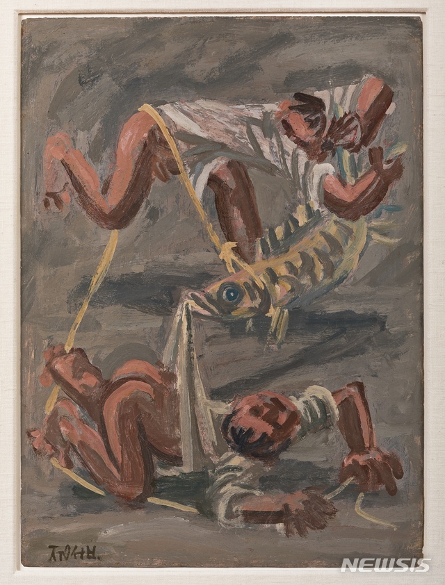 【서울=뉴시스】이중섭, 물고기와 노는 두 어린이, 1953-54, 종이에 유채, 41x31cm, 삼성미술관 리움 소장