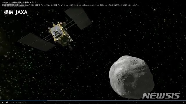 【서울=뉴시스】일본 우주항공연구개발기구(JAXA)는 11일 오전 탐사선 '하야부사2'가 소행성 '류구'에 두 번째로 착륙하는데 성공했다고 밝혔다. 사진은 하야부사2가 류구에 접근하는 모습의 이미지. (사진출처: 니혼게이자이신문 영상 캡쳐·JAXA 제공) 2019.07.11.