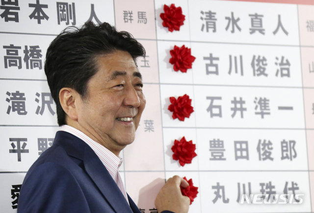 Japanese Prime Minister Shinzo Abe smiles in front of red rosettes on the names of his Liberal Democratic Party&#039;s winning candidates during ballot counting for the upper house elections at the party headquarters in Tokyo, Sunday, July 21, 2019. Prime Minister Abe&#039;s ruling coalition appeared certain to hold onto a majority in Japan&#039;s upper house of parliament, with exit polls from Sunday&#039;s election indicating he could even close in on the super-majority needed to propose constitutional revisions.(AP Photo/Koji Sasahara)