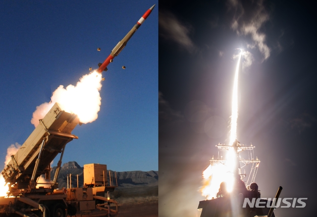 【서울=뉴시스】 패트리어트 PAC-3 MSE(왼쪽)과 함대공 유도미사일 SM-3 블록 2A 발사 장면. (록히드마틴, 미 해군)