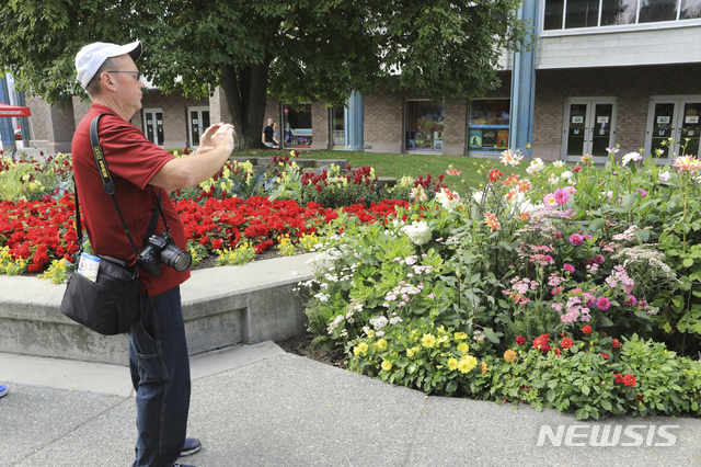 【앵커리지= AP/뉴시스】 이상 고온으로 한꺼번에 만개한 알래스카주의 꽃들을 8월 15일 플로리다주에서 온 관광객이 신기한 듯 카메라로 촬영하고 있다.   