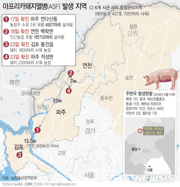 【서울=뉴시스】농림축산식품부는 23일 경기 파주시 적성면 소재 돼지 농장 1곳에서 접수된 아프리카돼지열병 의심 신고에 대해 정밀 검사를 진행한 결과 24일 오전 4시께 확진 판정이 났다고 밝혔다. (그래픽=안지혜 기자)  hokma@newsis.com 