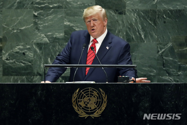 【뉴욕=AP/뉴시스】도널드 트럼프 미국 대통령이 지난 24일 뉴욕 유엔본부에서 연설하고 있다. 2019.09.26.