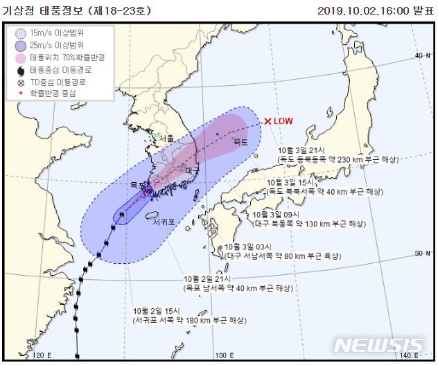 【서울=뉴시스】2일 오후 4시 기준 제18호 태풍 '미탁(MITAG)'의 예상 이동경로. 2019.10.02. (사진 = 기상청 제공) 