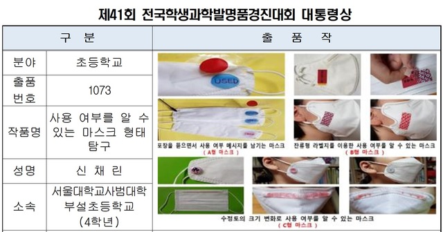 사용 여부 표시 마스크 제작한 신채린 학생, 발명품대회 대통령賞 