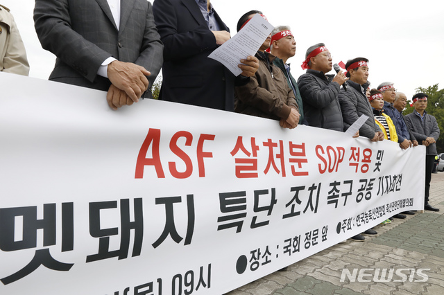 【서울=뉴시스】고승민 기자 = 한국농축산연합회, 축산관련단체협의회가 17일 서울 여의도 국회 앞에서 'ASF 살처분 SOP 적용 및 야생멧돼지 특단 조치 촉구 공동 기자회견'을 하고 있다. 2019.10.17. kkssmm99@newsis.com