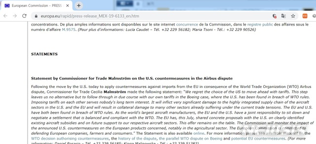 【서울=뉴시스】실리아 말름스트룀 유럽연합(EU)통상담당 집행위원이 18일(현지시간) EU 집행위원회 홈페이지를 통해 성명을 공개했다. 그는 미국이 관세를 부과한 데 대해 유감이라고 밝혔다. 2019.10.18