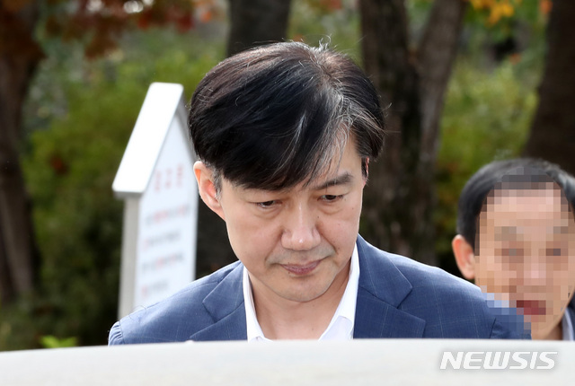 【의왕=뉴시스】이영환 기자 = 조국 전 법무부 장관이 부인 정경심 교수 접견을 하기 위해 24일 오전 경기 의왕시 서울구치소에 도착해 차에서 내리고 있다. 2019.10.24.  20hwan@newsis.com