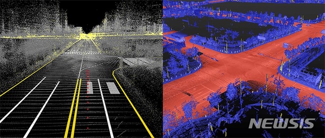 【서울=뉴시스】도로구조 정보 데이터와 비쥬얼 피쳐 데이터(좌), 포인트클라우드 피쳐 데이터(우)(사진/네이버랩스 제공) photo@newsis.com 