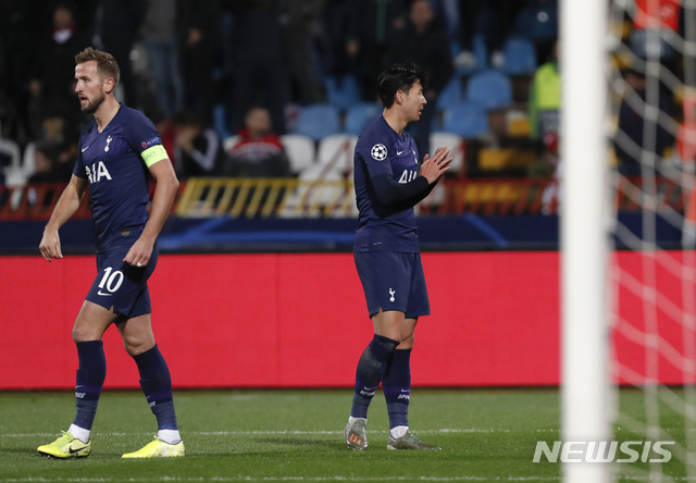 Tottenham&#039;s Son Heung-min, celebrates after scoring his side&#039;s second goal during the Champions League group B soccer match between Red Star and Tottenham, at the Rajko Mitic Stadium in Belgrade, Serbia, Wednesday, Nov. 6, 2019. (AP Photo/Darko Vojinovic)