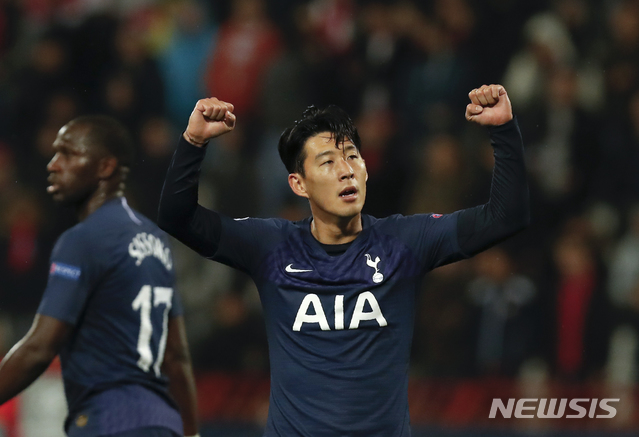 Tottenham&#039;s Son Heung-min, celebrates after scoring his side&#039;s third goal during the Champions League group B soccer match between Red Star and Tottenham, at the Rajko Mitic Stadium in Belgrade, Serbia, Wednesday, Nov. 6, 2019. (AP Photo/Darko Vojinovic)