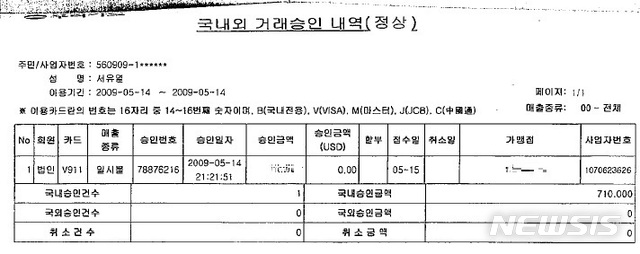 [서울=뉴시스]정윤아기자= 22일 뉴시스가 입수한 서 전 사장의 카드내역서를 보면 서 전 사장은 2009년 5월 14일 오후 9시 21분께 법인카드로 70여만원을 결제했다. 서 전 사장이 주장한 2011년 카드내역서에는 해당 식사자리가 있었다는 식당의 결제 내역이 없는 것으로 나타났다. 