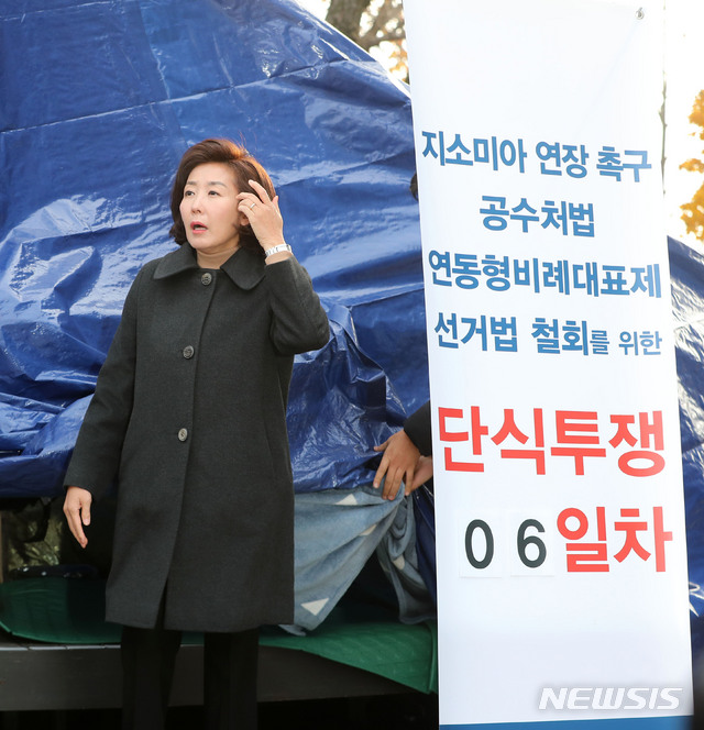 [서울=뉴시스]박주성 기자 =황교안 자유한국당 대표가 엿새째 청와대 앞에서 단식농성 중인 가운데 25일 오전 나경원 원내대표가 서울 청와대 분수대 앞 단식농성장에서 황 대표를 만나고 농성장을 나오고 있다. 2019.11.25. park7691@newsis.com