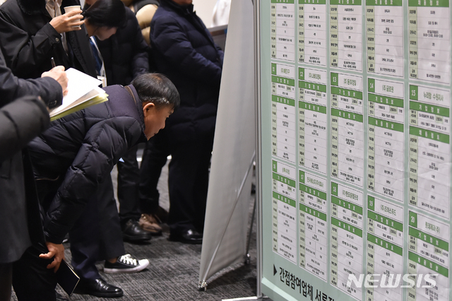 [수원=뉴시스] 김종택 기자 = '2019 경기도.수원시 중장년 일자리 박람회'가 열린 16일 오후 경기 수원시 영통구 수원컨벤션센터에서 많은 구직자들이 채용 게시판을 살펴보고 있다. 이번 박람회는 퇴직.실직으로 재취업에 어려움을 겪고있는 중장년층(40세~60세) 구직자에게 구직 기회를 제공하는 채용 박람회다. 2019.12.16. semail3778@naver.com