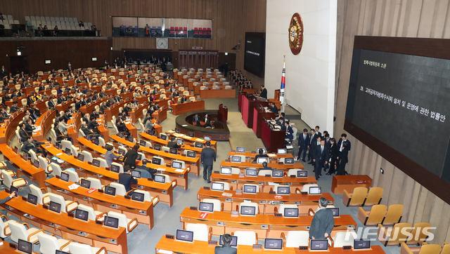 [서울=뉴시스]김명원 기자 = 문희상 국회의장이 27일 오후 서울 여의도 국회에서 열린 제373회 국회 (임시회) 본회의에서 고위공직자범죄수사처(일명 공수처법) 설치 및 운영에 관한 법률안을 상정하고 있다. 2019.12.27. kmx1105@newsis.com