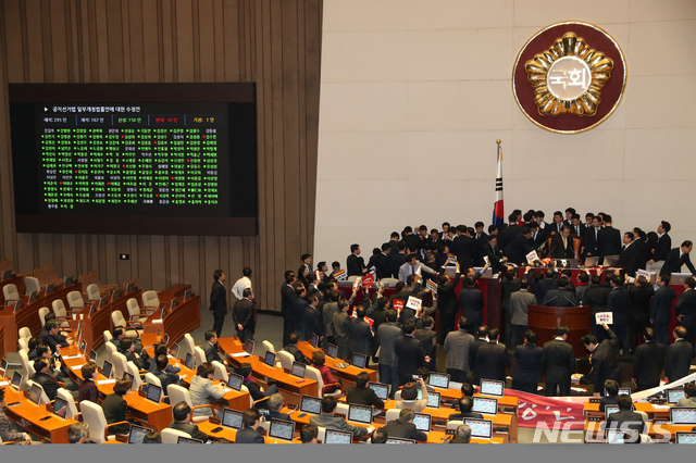 [서울=뉴시스] 고승민 기자 = 27일 서울 여의도 국회에서 열린 제373회국회(임시회) 제1차 본회의에서 공직선거법 일부개정법률안이 가결되고 있다. 2019.12.27. kkssmm99@newsis.comnewsis.com