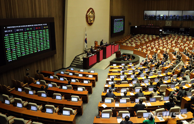 [서울=뉴시스] 이종철 기자 = 문희상 국회의장이 자유한국당 의원들의 강한 반발에도 불구하고 30일 오후 서울 여의도 국회 본회의장에서 공수처법을 통과시키고 있다. 2019.12.30. jc4321@newsis.com