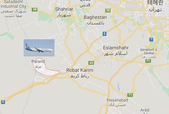 [서울=뉴시스] 우크라이나 여객기가 8일(현지시간) 이란 수도 테헤란 공항 부근에서 추락했다고 이란 국영 TV가 보도했다. 여객기 추락 지점인 파란드(Parand). <사진출처: 구글맵 캡쳐> 2020.01.08