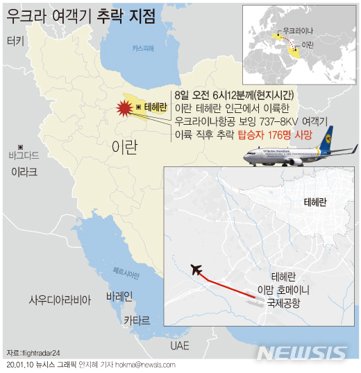 [서울=뉴시스]우크라이나항공 여객기가 지난 8일 오전(현지시간) 이란 테헤란 국제공항에서 이륙 직후 추락해 탑승객 전원인 176명이 사망했다. (그래픽=안지혜 기자) hokma@newsis.com  