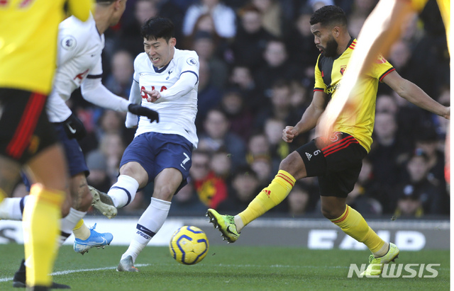 Tottenham&#039;s Son Heung-min makes an attempt to score during the English Premier League soccer match between Watford and Tottenham Hotspur at Vicarage Road, Watford, England, Saturday, Jan. 18, 2020. (AP Photo/Frank Augstein)
