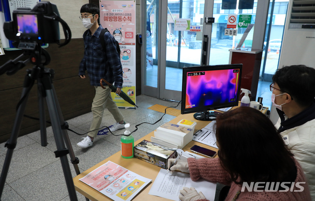 [전주=뉴시스] 김얼 기자= 우한 폐렴(신종 코로나바이러스 감염증)의 확산과 더불어 시민들의 우려의 목소리가 높아지고 있는 29일 전북 전주시 전주시보건소 출입구에서 직원들이 열화상 카메라를 설치해 발열 여부를 조사하고 있다. 2020.01.29.pmkeul@newsis.com