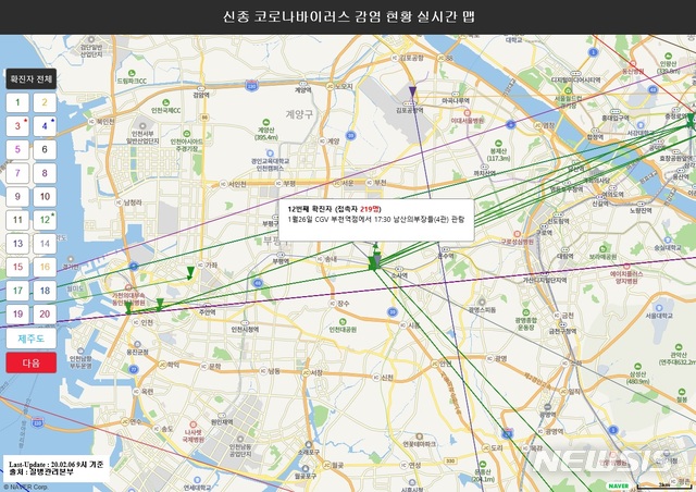 [서울=뉴시스]뉴시스는 지난 5일 오후 6시부터 신종 코로나바이러스 감염증(우한 폐렴) 확진자 별 동선을 확인할 수 있는 '코로나맵'을 개발해 공개하고 있다. 본지 '코로나맵'(www.newsis.com/corona/)에서는 확진자가 해당 동선을 방문한 날짜와 구체적인 상호명, 접촉자 수 등의 정보를 확인할 수 있다.(사진=뉴시스 DB) 2020. 02.06.