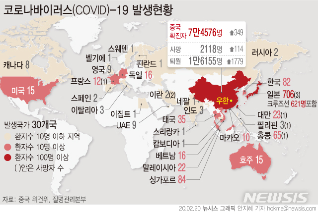 [서울=뉴시스]중국 본토 밖에서 나온 코로나 19 확진자 수는 20일 기준 29개국 1149명, 사망 9명을 기록하고 있다. (그래픽=안지혜 기자) hokma@newsis.com 