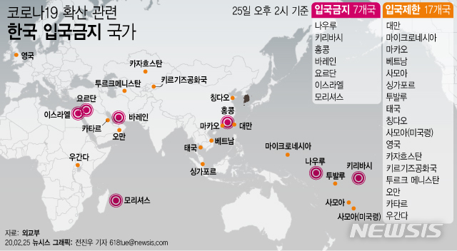 [서울=뉴시스]25일 외교부에 따르면 이날 오후 2시 기준 한국인 입국금지 조치를 내리거나 입국 절차를 강화한 국가는 총 24곳으로 집계됐다. (그래픽=전진우 기자) 618tue@newsis.com