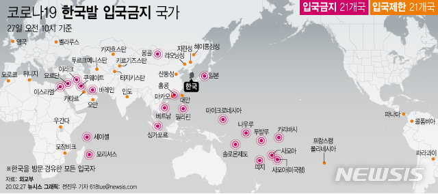 '韓 입국 금지·제한' 42개국으로 급증…외교부, 中 일부 포함