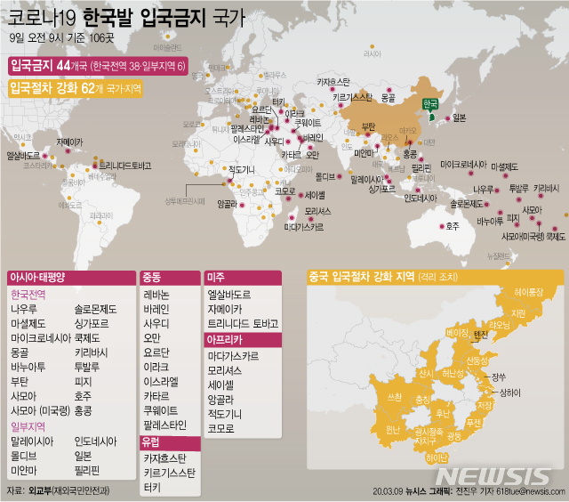 한국인 입국 금지·제한 106개국…한일, 상호 입국제한 시작