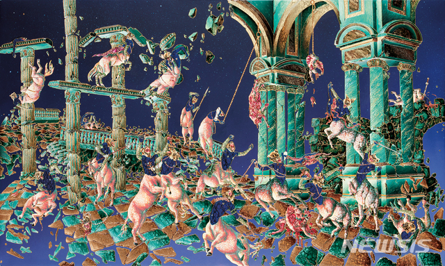 [서울=뉴시스] 라킵 쇼, Fall of the Jade Kingdom II - Paradise Lost II (비취 왕국의 몰락 II - 실낙원 II)oil, acrylic, glitter, enamel and rhinestones on birchwood91.5×152.4cm, 2014, 경매 추정가 1억~6억. 사진=케이옥션 제공.2020.3.12. photo@newsis.com