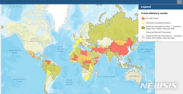 [서울=뉴시스] 미 국무부 여행 경보 현황. (그림/ 미 국무부 홈페이지 캡처) photo@newsis.com 
