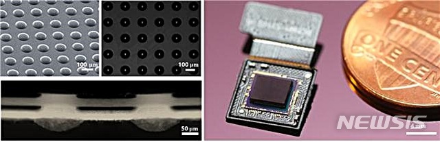 [대전=뉴시스] 마이크로렌즈 어레이 현미경 영상(오른쪽)과 최종 제작된 초박형 어레이드 카메라 사진.