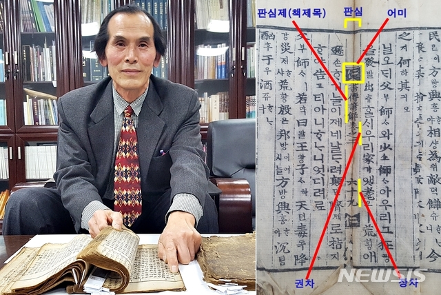 이상주 전 중원대 한국어교육문화학과 교수. 오른쪽은 '서전대전언해' 목판 구조
