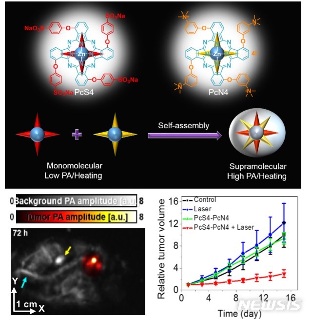 수용성인 프탈로시아닌 계열의 두 물질(PcS4와 PcN4)의 자기조립에 의한 나노 구조체형성과 이를 이용한 광음향이미징 및 항암실험 결과