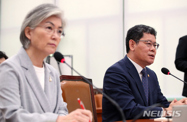 [서울=뉴시스] 김진아 기자 = 김연철 통일부 장관이 28일 서울 여의도 국회에서 열린 외교통일위원회 전체회의에서 의원의 질의에 답하고 있다. 2020.04.28.  bluesoda@newsis.com