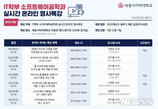 [서울=뉴시스]세종사이버대 소프트웨어공학과 일반인 대상 라이브 온라인 무료 특강