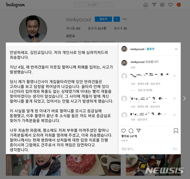 김민교가 자신의 SNS에 올린 반려견 사고 관련 사과문