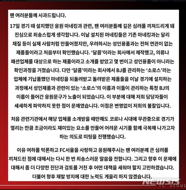 [서울=뉴시스]프로축구 서울, 관중석 마네킹 '성인용품 인형' 논란에 사과 (사진 = FC서울 SNS)
