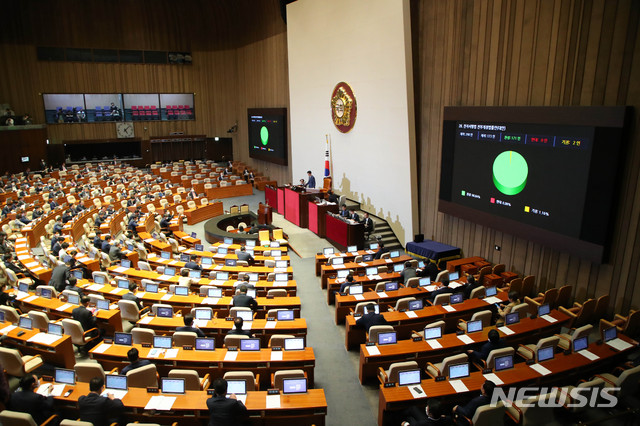 [서울=뉴시스] 장세영 기자 = 공인인증서 폐지법인 전자서명법 전부개정법률안(대안)이 20일 서울 여의도 국회 본회의장에서 열린 제378회 국회(임시회) 제1차 본회의에서 가결되고 있다. 2020.05.20.  photothink@newsis.com