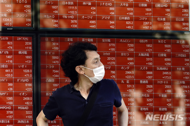 A man stands in front of an electronic stock board showing Japan's Nikkei 225 index at a securities firm in Tokyo Tuesday, June 16, 2020. Asian shares rose Tuesday, cheered by fresh moves by the U.S. Federal Reserve to support markets battered by the coronavirus pandemic.(AP Photo/Eugene Hoshiko)