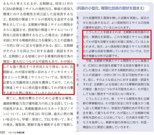 [서울=뉴시스]14일 일본 방위성이 공개한 2020년판 방위백서에는 북한 관련 "탄도미사일 핵무기를 탑재해 우리나라(일본)를 공격하는 능력을 이미 보유하고 있는 것으로 보인다"는 기술이 포함됐다. 방위백서 103·104 페이지 부분. 사진은 일본 방위성 홈페이지가 공개한 방위백서 갈무리. 2020.07.14.