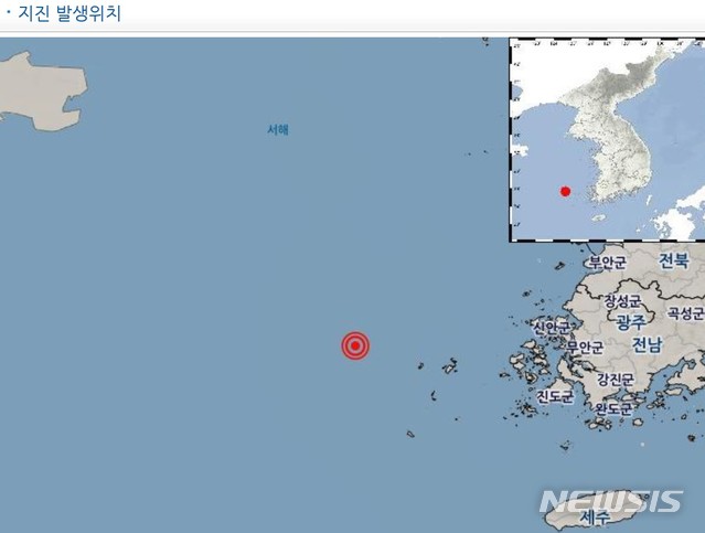 [신안=뉴시스] 15일 오후 3시20분 전남 신안군 흑산도 서북서쪽 77㎞ 해역에서 규모 2.4 지진 감지. (사진= 광주기상청 홈페이지 갈무리) 