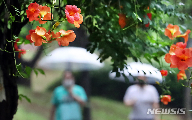 [인천=뉴시스] 이종철 기자 = 비가 내리는 27일 오전 인천시 남동구에서 시민들이 우산을 쓰고 빗방울을 머금은 꽃 옆을 걸어가고 있다. 2020.07.27. jc4321@newsis.com