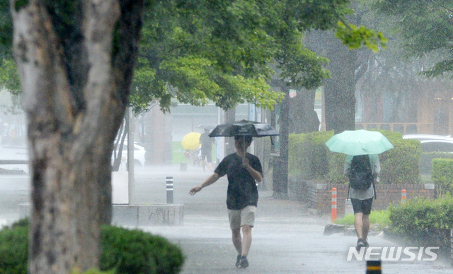 [전주=뉴시스] 김얼 기자 = 장마가 이어지고 있는 5일 전북 전주시 전북대학교에서 학생들이 우산으로 비를 피하며 교정을 지나고 있다. 2020.08.05.pmkeul@newsis.com