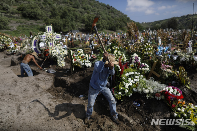 [멕시코시티=AP/뉴시스]지난 7일 멕시코시티에서 노동자들이 무덤을 만드는 모습. 2020.08.16.